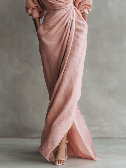 Robe longue drapée en lin mélangé