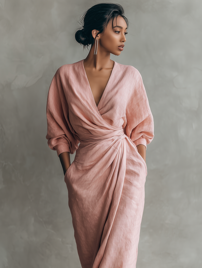 Robe longue drapée en lin mélangé