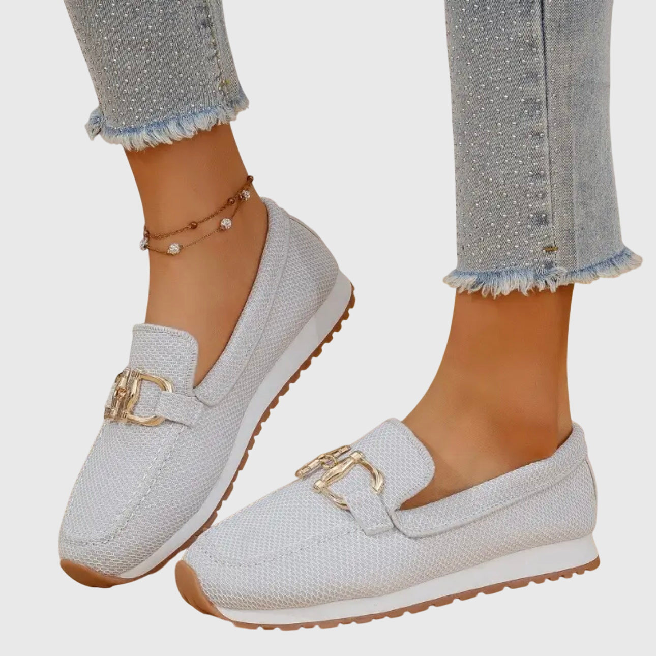 Camille | Mocassins en mesh beige à mors doré et semelle ergonomique