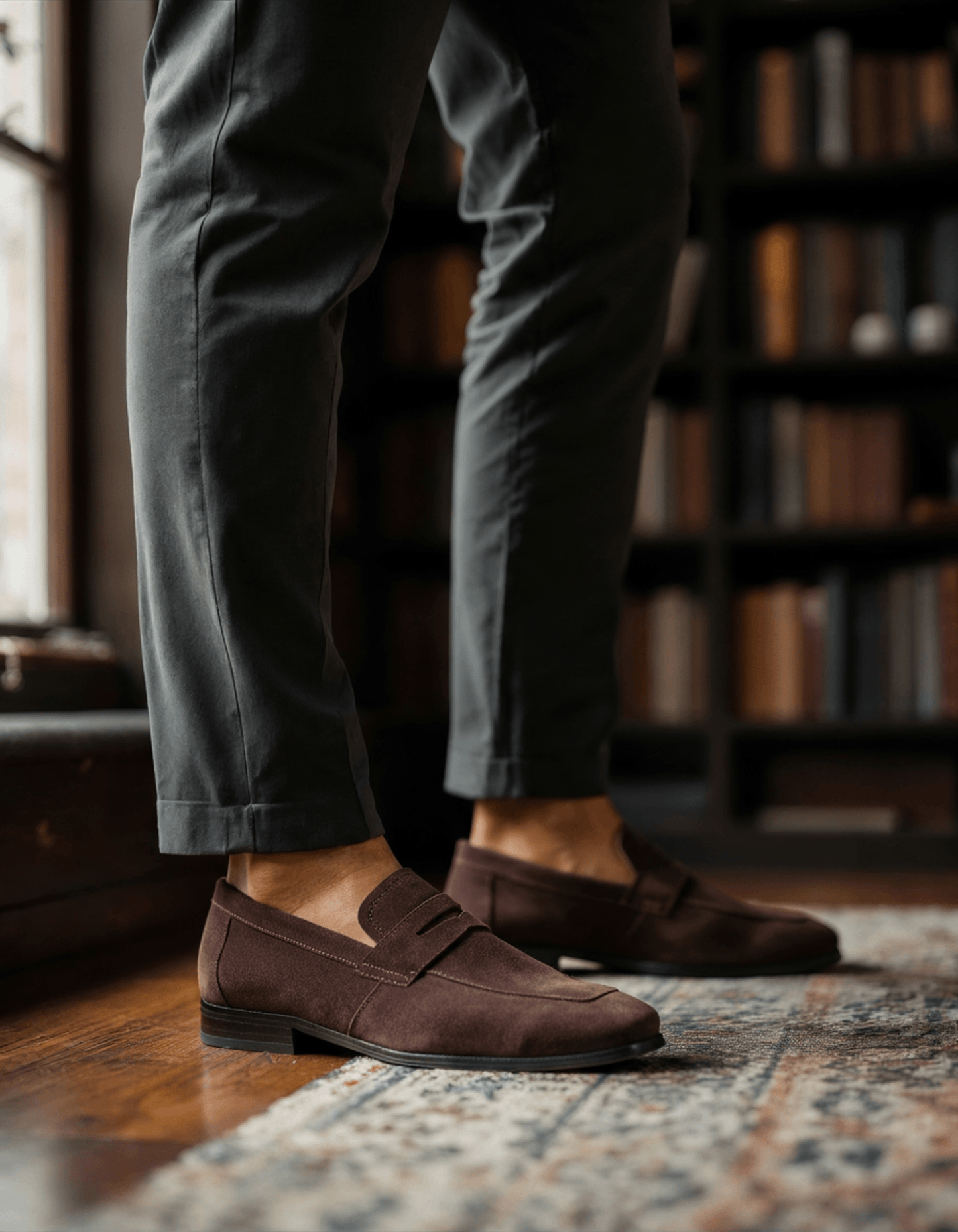 Lucien | Mocassins penny en daim noir à semelle cuir
