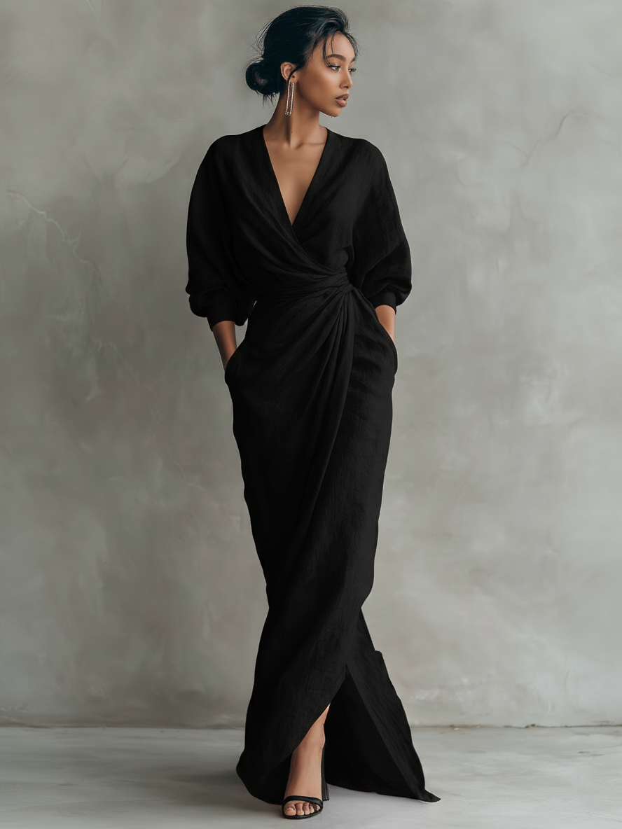 Robe longue drapée en lin mélangé