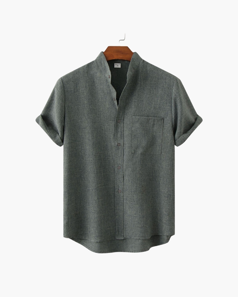 Armand | Chemise en lin vert sauge à col Mao manches courtes