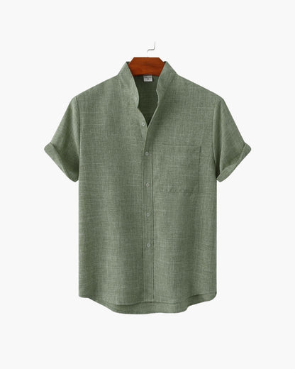 Armand | Chemise en lin vert sauge à col Mao manches courtes