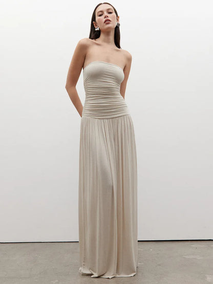 Séraphine | Robe longue bustier à taille froncée et jupe ample