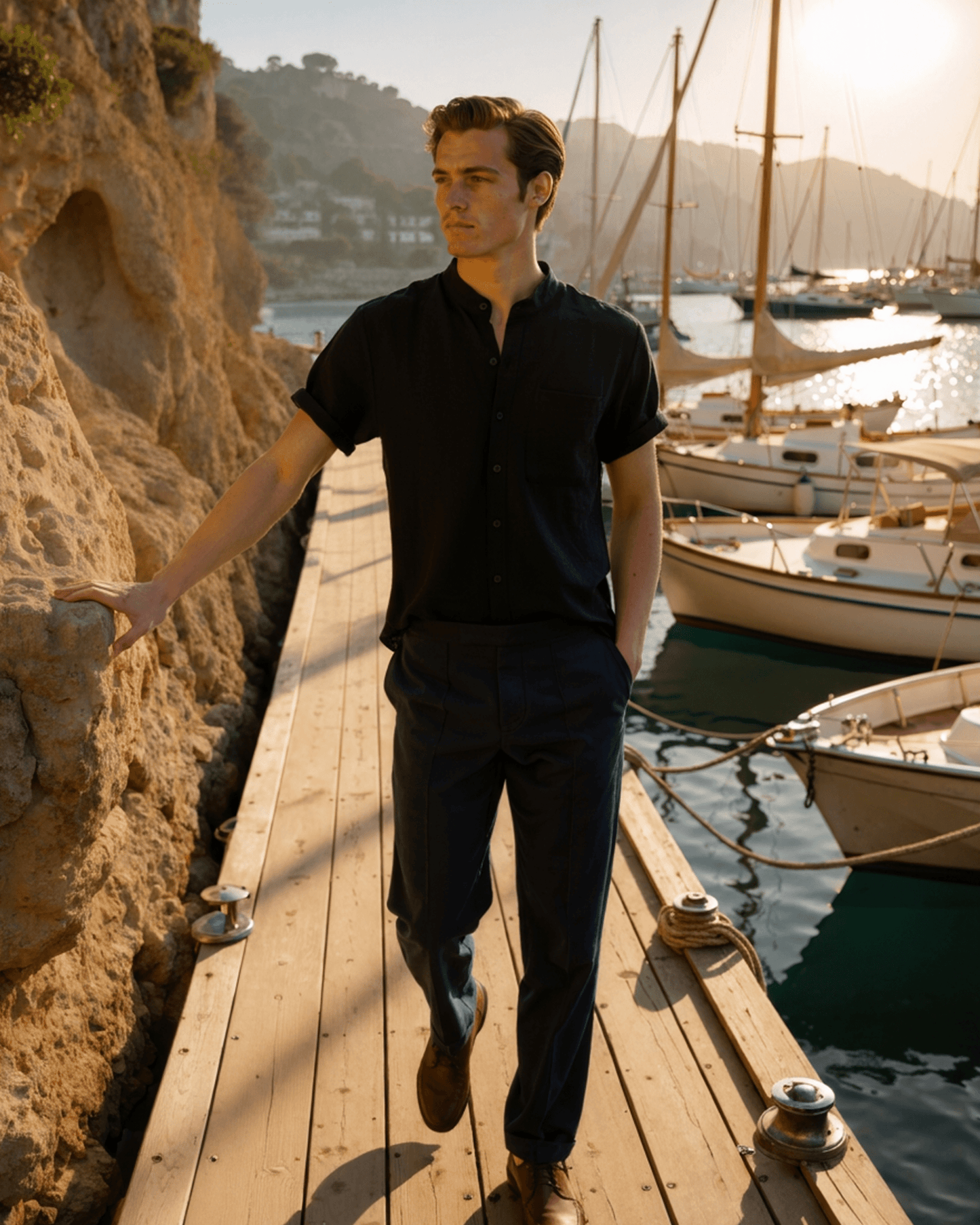 Armand | Chemise en lin vert sauge à col Mao manches courtes