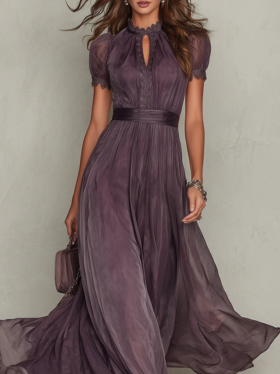 Flavie | Robe midi en tulle prune à col froncé et détails en dentelle