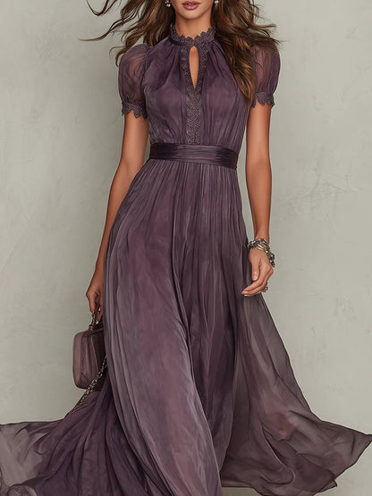 Flavie | Robe midi en tulle prune à col froncé et détails en dentelle
