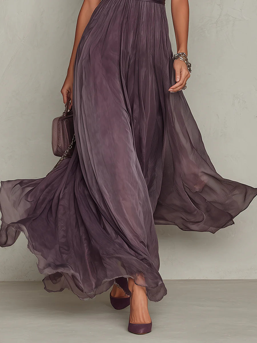 Flavie | Robe midi en tulle prune à col froncé et détails en dentelle