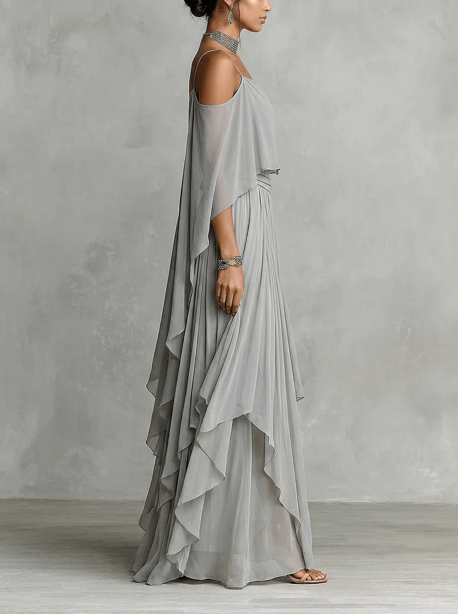 Isabelle | Ensemble longue en chiffon gris céladon à épaules dénudées