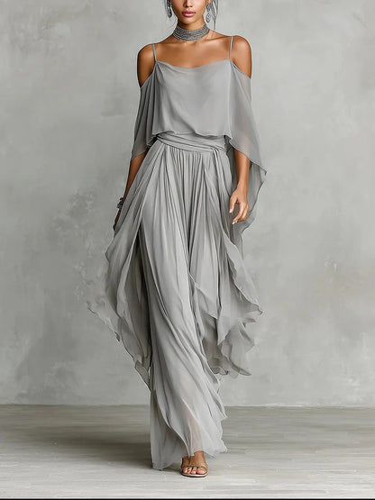 Isabelle | Ensemble longue en chiffon gris céladon à épaules dénudées