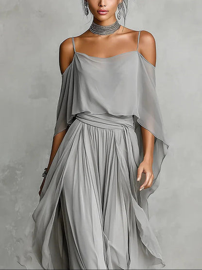 Isabelle | Ensemble longue en chiffon gris céladon à épaules dénudées