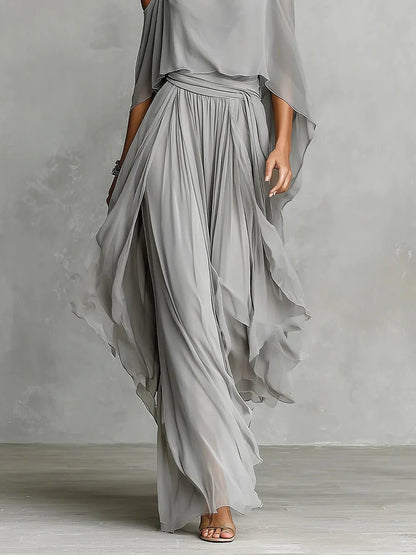 Isabelle | Ensemble longue en chiffon gris céladon à épaules dénudées