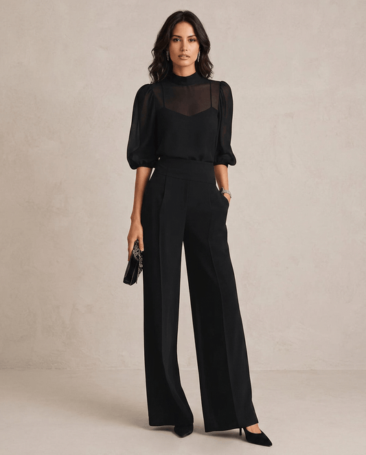 Adèle | Ensemble trois pièces en chiffon noir à pantalon palazzo