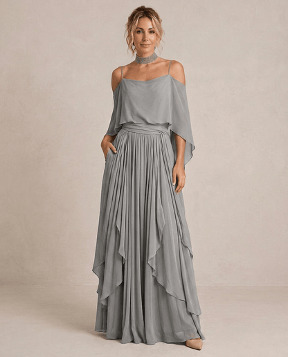 Isabelle | Ensemble longue en chiffon gris céladon à épaules dénudées